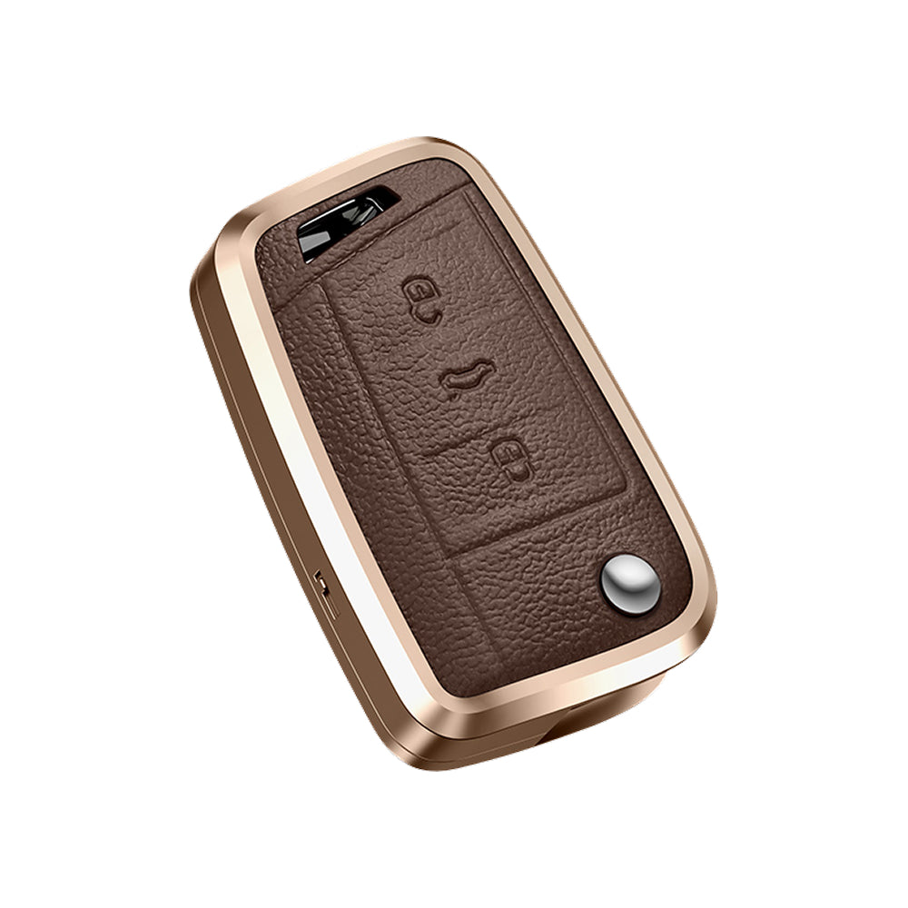 Premium Zinc Alloy Leather Case For Volkswagen Flip Key 3 Button